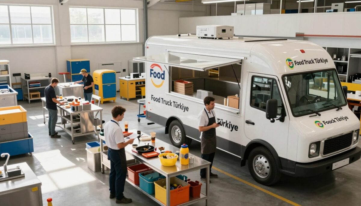 A bustling scene showcasing the production of a mobile cafeteria, emphasizing the craftsmanship of modern food trucks. In the foreground, skilled workers in professional business attire discuss plans while assembling a sleek, custom-built food truck branded with "Food Truck Türkiye". The middle ground features materials and tools used in the manufacturing process, with stainless steel components and vibrant colors that represent food and beverage options. In the background, a well-lit workshop with large windows allows natural light to flood the space, casting soft shadows. The atmosphere is energetic and focused, reflecting a commitment to quality and innovation in the food truck industry. The camera angle is slightly above eye level, providing a comprehensive view of the entire scene, highlighting both teamwork and precise construction. - Food Truck Türkiye | Mobil Yemek Kamyonlari A bustling scene showcasing the production of a mobile cafeteria, emphasizing the craftsmanship of modern food trucks. In the foreground, skilled workers in professional business attire discuss plans while assembling a sleek, custom-built food truck branded with "Food Truck Türkiye". The middle ground features materials and tools used in the manufacturing process, with stainless steel components and vibrant colors that represent food and beverage options. In the background, a well-lit workshop with large windows allows natural light to flood the space, casting soft shadows. The atmosphere is energetic and focused, reflecting a commitment to quality and innovation in the food truck industry. The camera angle is slightly above eye level, providing a comprehensive view of the entire scene, highlighting both teamwork and precise construction.