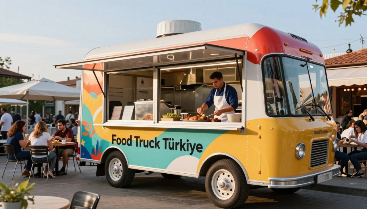 A custom-designed food truck parked on a busy street, showcasing its vibrant exterior adorned with the brand name "Food Truck Türkiye". The truck is equipped with large windows revealing a bustling kitchen inside, where a professional chef, dressed in a clean white apron and navy blue attire, is preparing gourmet dishes. The foreground captures the truck's striking graphics and colorful design elements, highlighting modern aesthetics. In the middle ground, patrons are seen enjoying their meals at nearby tables, underscoring a lively atmosphere. The background features a sunny, clear sky, adding warmth to the scene, with soft, diffused sunlight illuminating the truck and its surroundings, creating an inviting and cheerful mood. Use a wide-angle lens to emphasize the truck's size and enhance the bustling street environment. - Food Truck Türkiye | Mobil Yemek Kamyonlari A custom-designed food truck parked on a busy street, showcasing its vibrant exterior adorned with the brand name "Food Truck Türkiye". The truck is equipped with large windows revealing a bustling kitchen inside, where a professional chef, dressed in a clean white apron and navy blue attire, is preparing gourmet dishes. The foreground captures the truck's striking graphics and colorful design elements, highlighting modern aesthetics. In the middle ground, patrons are seen enjoying their meals at nearby tables, underscoring a lively atmosphere. The background features a sunny, clear sky, adding warmth to the scene, with soft, diffused sunlight illuminating the truck and its surroundings, creating an inviting and cheerful mood. Use a wide-angle lens to emphasize the truck's size and enhance the bustling street environment.