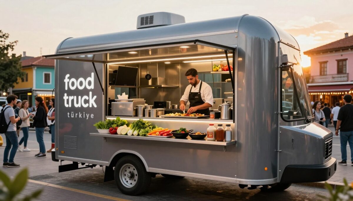 A sleek, modern food truck with the brand name "food truck türkiye" prominently displayed, parked on a vibrant street. In the foreground, there are fresh ingredients and cooking equipment arranged neatly on the truck's serving window, showcasing a busy yet organized atmosphere. The middle ground features a well-dressed professional chef preparing gourmet meals, exuding dedication and expertise. The background includes a bustling urban scene with colorful buildings and curious passersby, creating a lively food truck ambiance. The lighting is warm and inviting, with the sun setting to cast a golden hue over the scene. Use a wide-angle lens to emphasize the food truck's design while capturing the lively environment around it. - Food Truck Türkiye | Mobil Yemek Kamyonlari A sleek, modern food truck with the brand name "food truck türkiye" prominently displayed, parked on a vibrant street. In the foreground, there are fresh ingredients and cooking equipment arranged neatly on the truck's serving window, showcasing a busy yet organized atmosphere. The middle ground features a well-dressed professional chef preparing gourmet meals, exuding dedication and expertise. The background includes a bustling urban scene with colorful buildings and curious passersby, creating a lively food truck ambiance. The lighting is warm and inviting, with the sun setting to cast a golden hue over the scene. Use a wide-angle lens to emphasize the food truck's design while capturing the lively environment around it.
