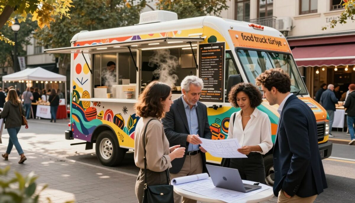 A vibrant, modern food truck named "food truck türkiye" is parked in a bustling urban setting. In the foreground, show a diverse group of two business professionals in smart casual attire discussing the food truck's design and features, with a blueprint and a laptop opened on a table beside them. The middle ground features the intricately detailed exterior of the food truck, showcasing its colorful graphics and menu items, while the coiling steam from a cooking area suggests delicious food being prepared. In the background, capture a lively street scene with pedestrians and other food vendors, all bathed in warm, inviting sunlight, creating a friendly and enthusiastic atmosphere. Use a wide-angle lens to emphasize the dynamics of the scene, focusing on interaction, creativity, and the excitement of the food truck purchase and manufacturing process. - Food Truck Türkiye | Mobil Yemek Kamyonlari A vibrant, modern food truck named "food truck türkiye" is parked in a bustling urban setting. In the foreground, show a diverse group of two business professionals in smart casual attire discussing the food truck's design and features, with a blueprint and a laptop opened on a table beside them. The middle ground features the intricately detailed exterior of the food truck, showcasing its colorful graphics and menu items, while the coiling steam from a cooking area suggests delicious food being prepared. In the background, capture a lively street scene with pedestrians and other food vendors, all bathed in warm, inviting sunlight, creating a friendly and enthusiastic atmosphere. Use a wide-angle lens to emphasize the dynamics of the scene, focusing on interaction, creativity, and the excitement of the food truck purchase and manufacturing process.