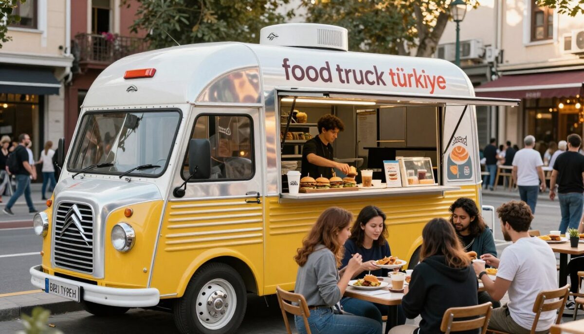 A vibrant outdoor scene featuring a modern Citroen Type H food truck, prominently displaying "food truck türkiye" on its side. In the foreground, the food truck is parked on a bustling street, surrounded by customers enjoying delicious meals. The truck is designed with a sleek, retro aesthetic, featuring a shiny metallic exterior and bright colors. In the middle ground, various food items like gourmet burgers and artisan coffee are being served from the truck's open window. In the background, a charming cityscape with people walking in casual attire adds to the lively atmosphere. The lighting captures a warm, inviting afternoon glow, creating a cheerful and dynamic mood. The image should be shot from a slightly elevated angle, emphasizing the interaction between the customers and the food truck. - Food Truck Türkiye | Mobil Yemek Kamyonlari A vibrant outdoor scene featuring a modern Citroen Type H food truck, prominently displaying "food truck türkiye" on its side. In the foreground, the food truck is parked on a bustling street, surrounded by customers enjoying delicious meals. The truck is designed with a sleek, retro aesthetic, featuring a shiny metallic exterior and bright colors. In the middle ground, various food items like gourmet burgers and artisan coffee are being served from the truck's open window. In the background, a charming cityscape with people walking in casual attire adds to the lively atmosphere. The lighting captures a warm, inviting afternoon glow, creating a cheerful and dynamic mood. The image should be shot from a slightly elevated angle, emphasizing the interaction between the customers and the food truck.