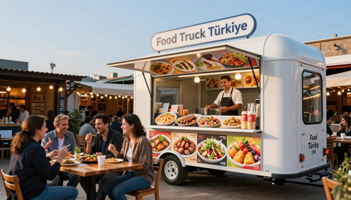 A vibrant scene featuring a modern, custom-built food truck labeled "Food Truck Türkiye" parked at a bustling outdoor market in Turkey in 2026. In the foreground, the truck displays a colorful menu showcasing diverse, delicious food options like kebabs and fresh salads, with a cheerful vendor in professional attire serving happy customers. The middle ground highlights a group of satisfied patrons enjoying their meals at rustic wooden tables. The background showcases market stalls with warm string lights, under a clear blue sky, creating a lively, inviting atmosphere. Use soft, golden hour lighting to evoke a warm, welcoming feel, shot from a slight low angle to emphasize the food truck and its vibrant surroundings. - Food Truck Türkiye | Mobil Yemek Kamyonlari A vibrant scene featuring a modern, custom-built food truck labeled "Food Truck Türkiye" parked at a bustling outdoor market in Turkey in 2026. In the foreground, the truck displays a colorful menu showcasing diverse, delicious food options like kebabs and fresh salads, with a cheerful vendor in professional attire serving happy customers. The middle ground highlights a group of satisfied patrons enjoying their meals at rustic wooden tables. The background showcases market stalls with warm string lights, under a clear blue sky, creating a lively, inviting atmosphere. Use soft, golden hour lighting to evoke a warm, welcoming feel, shot from a slight low angle to emphasize the food truck and its vibrant surroundings.